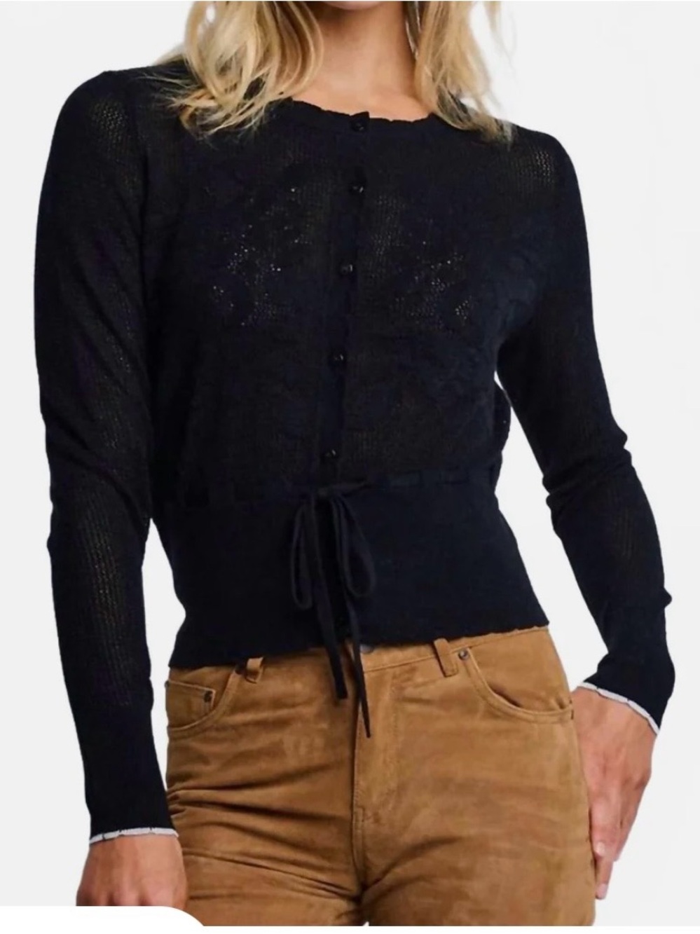 Lisa Todd Navy Tie-Front Knit Cardigan Sweater size XS